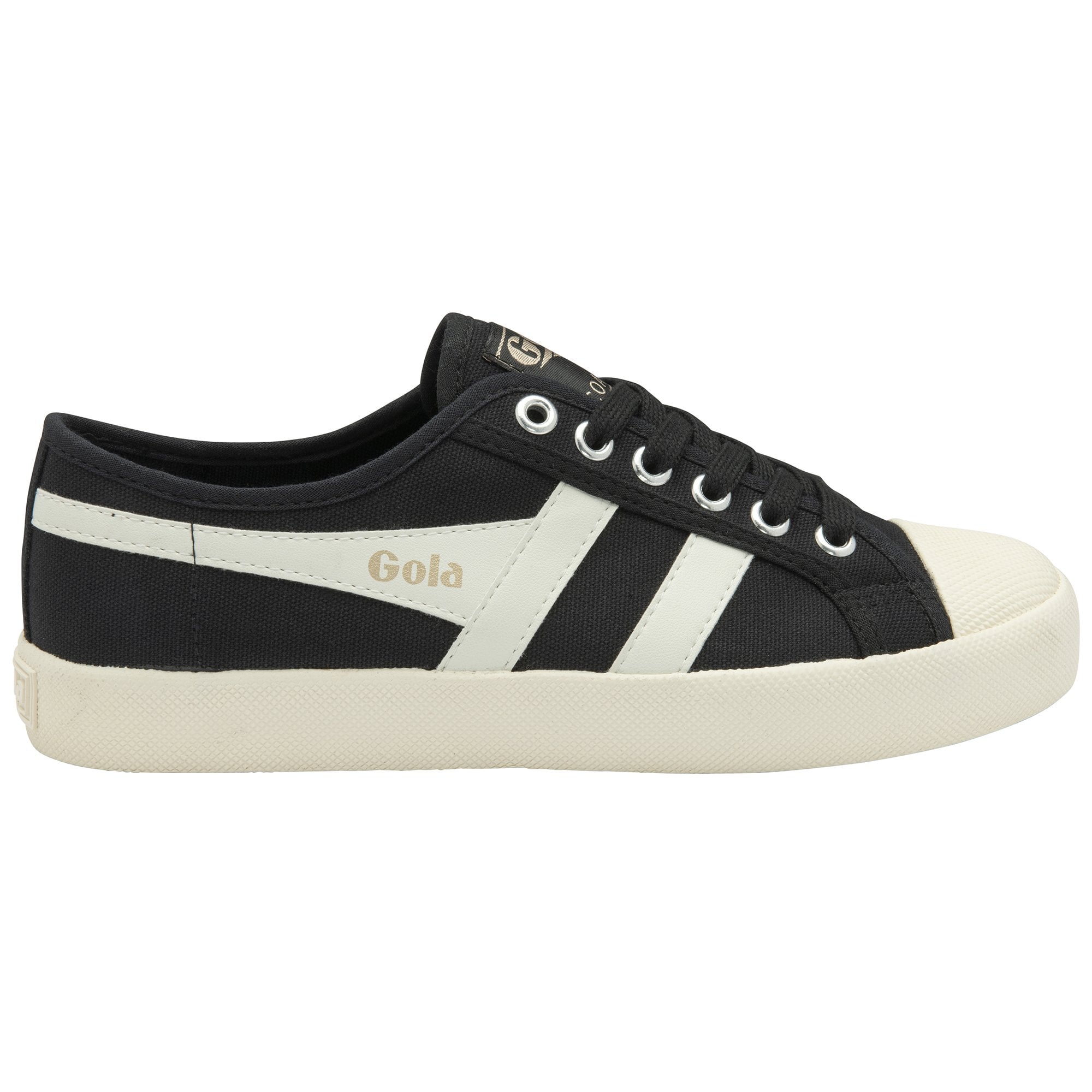 Black and white Gola Coaster sneakers with white laces, viewed from the side.