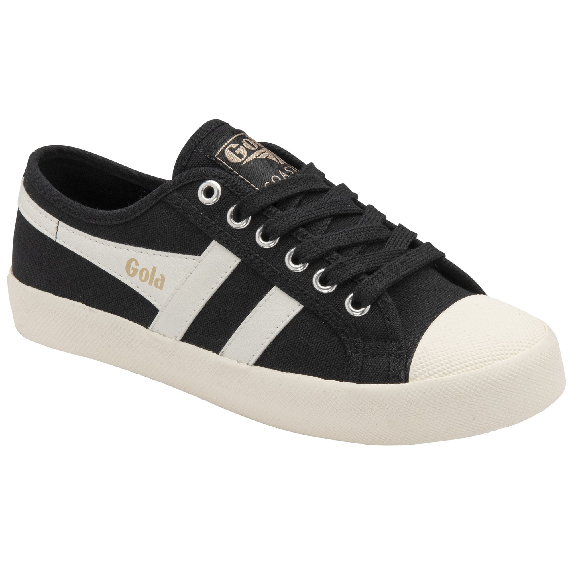 Black and white Gola Coaster sneaker, viewed from an angled side.