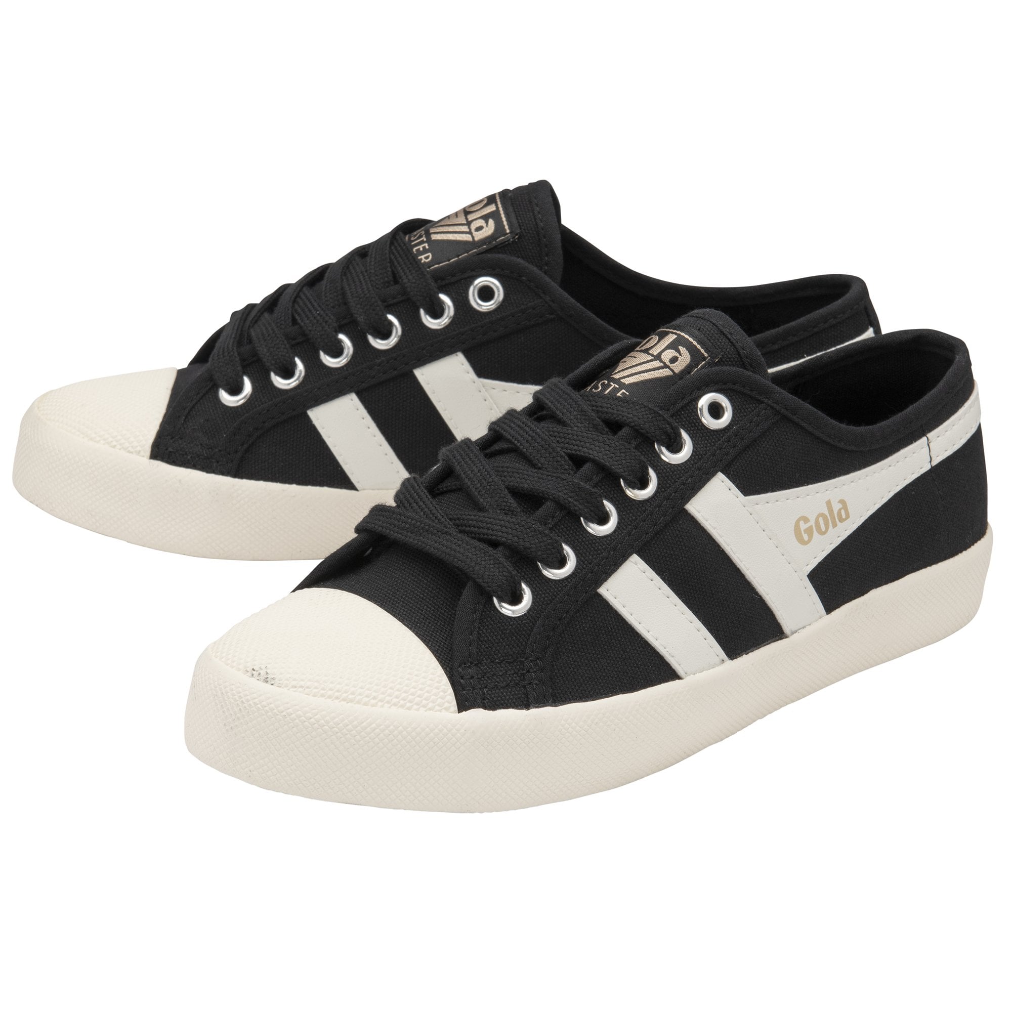 Pair of black and white Gola Coaster sneakers, viewed from an angled side.