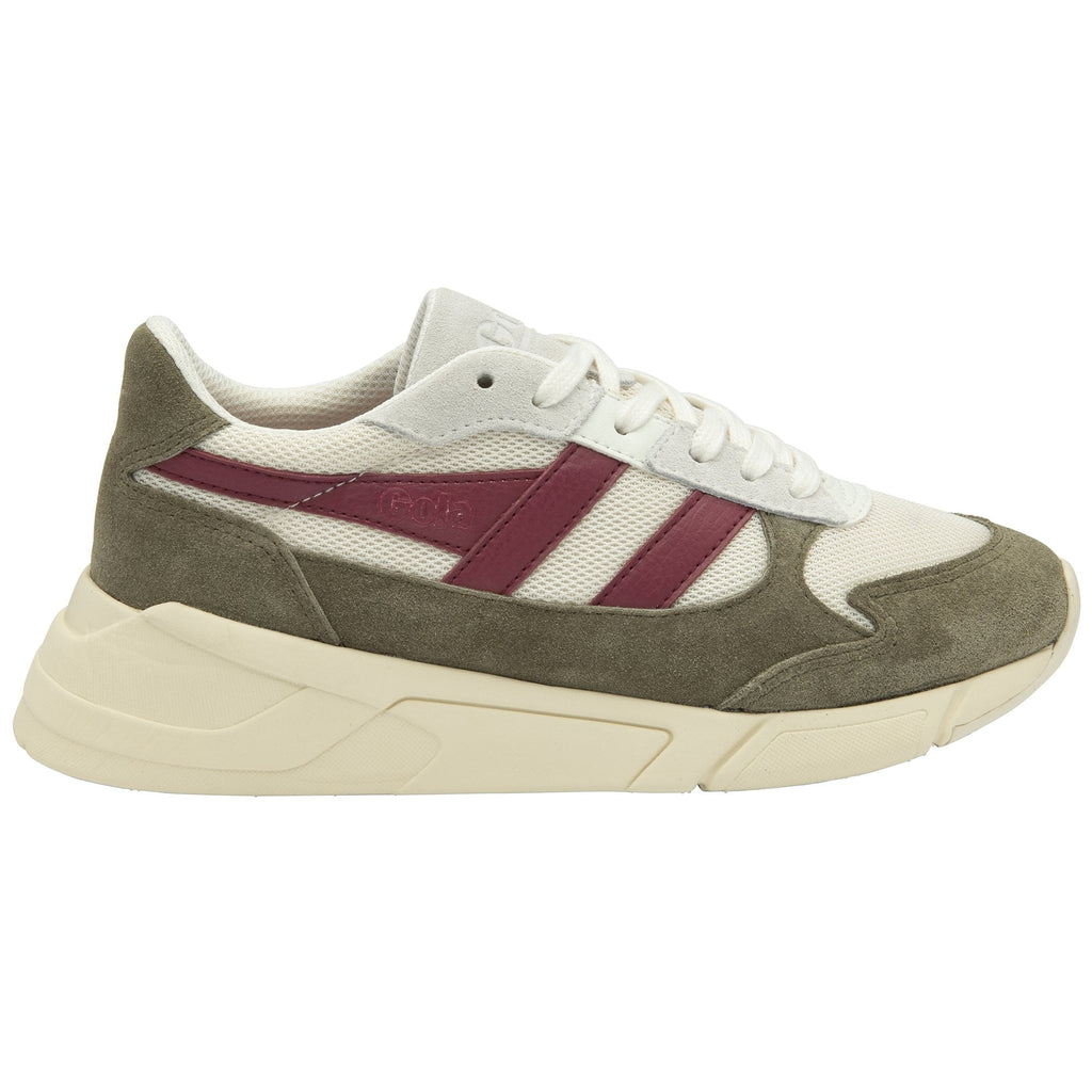 Side profile of a Gola men's shoe, off-white mesh, maroon leather, and olive suede.