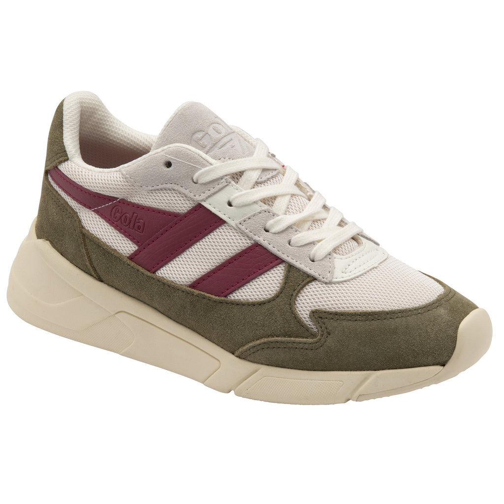 Angled view of a Gola men's shoe, off-white mesh, maroon leather, and olive suede.