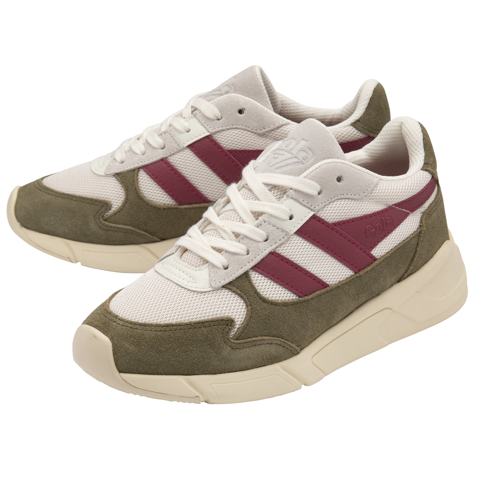 Pair of Gola men's shoes, off-white mesh, maroon leather, and olive suede.