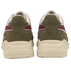 Rear view of a pair of Gola men's shoes, off-white mesh, maroon leather, and olive suede.