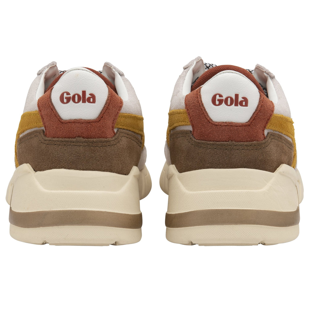 The rear view of two white Gola sneakers with brown and yellow accents.
