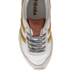 Top-down view of a white Gola sneaker with mustard yellow stripes and patterned laces.