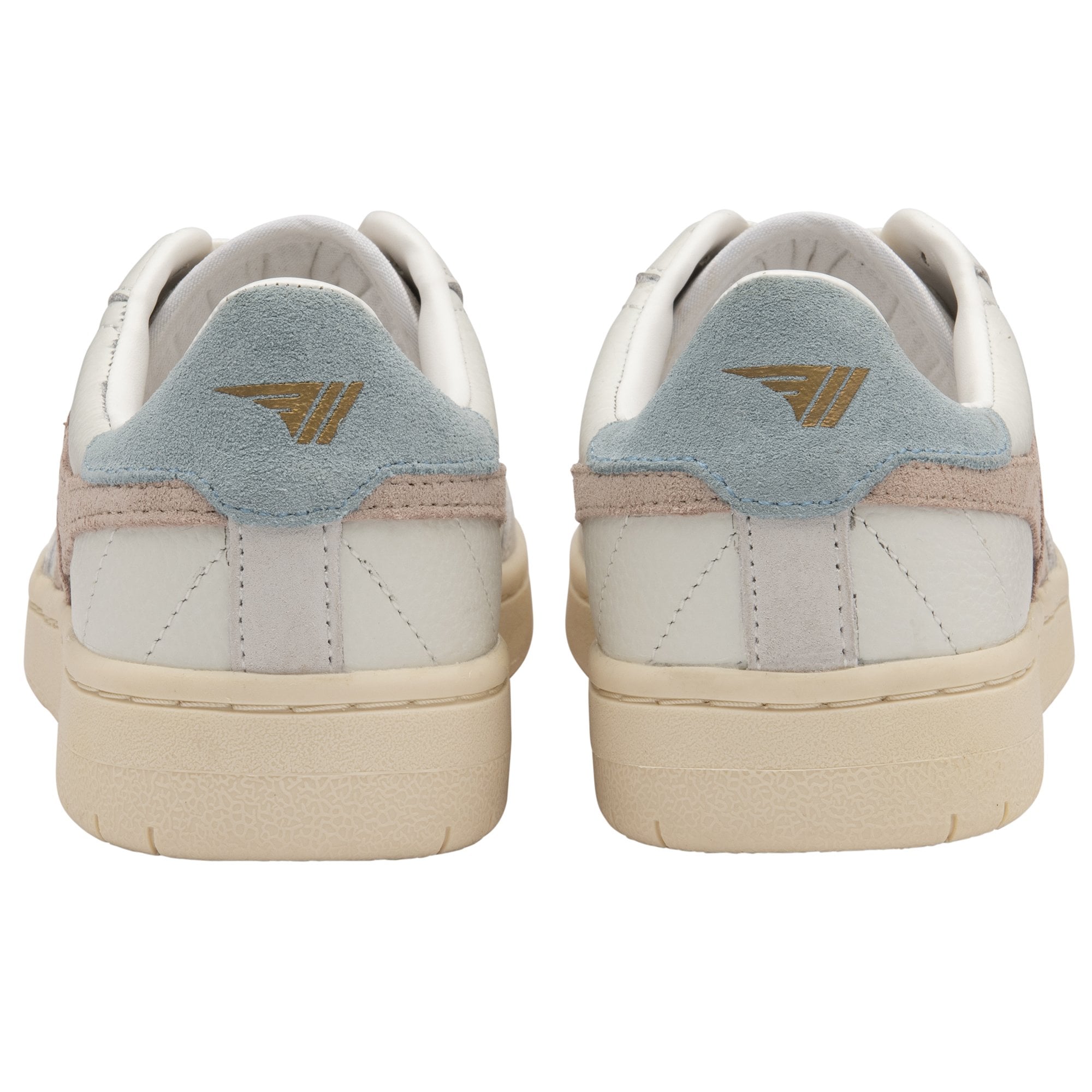 The back of a pair of white Gola sneakers with blue and gold heel detailing.