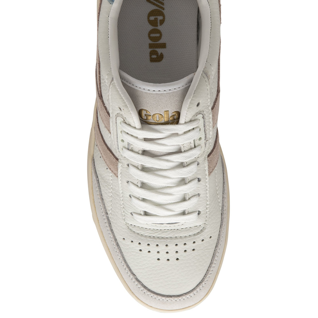 The top-down view of a single white Gola sneaker with pale pink stripes.