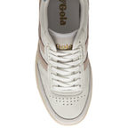 The top-down view of a single white Gola sneaker with pale pink stripes.