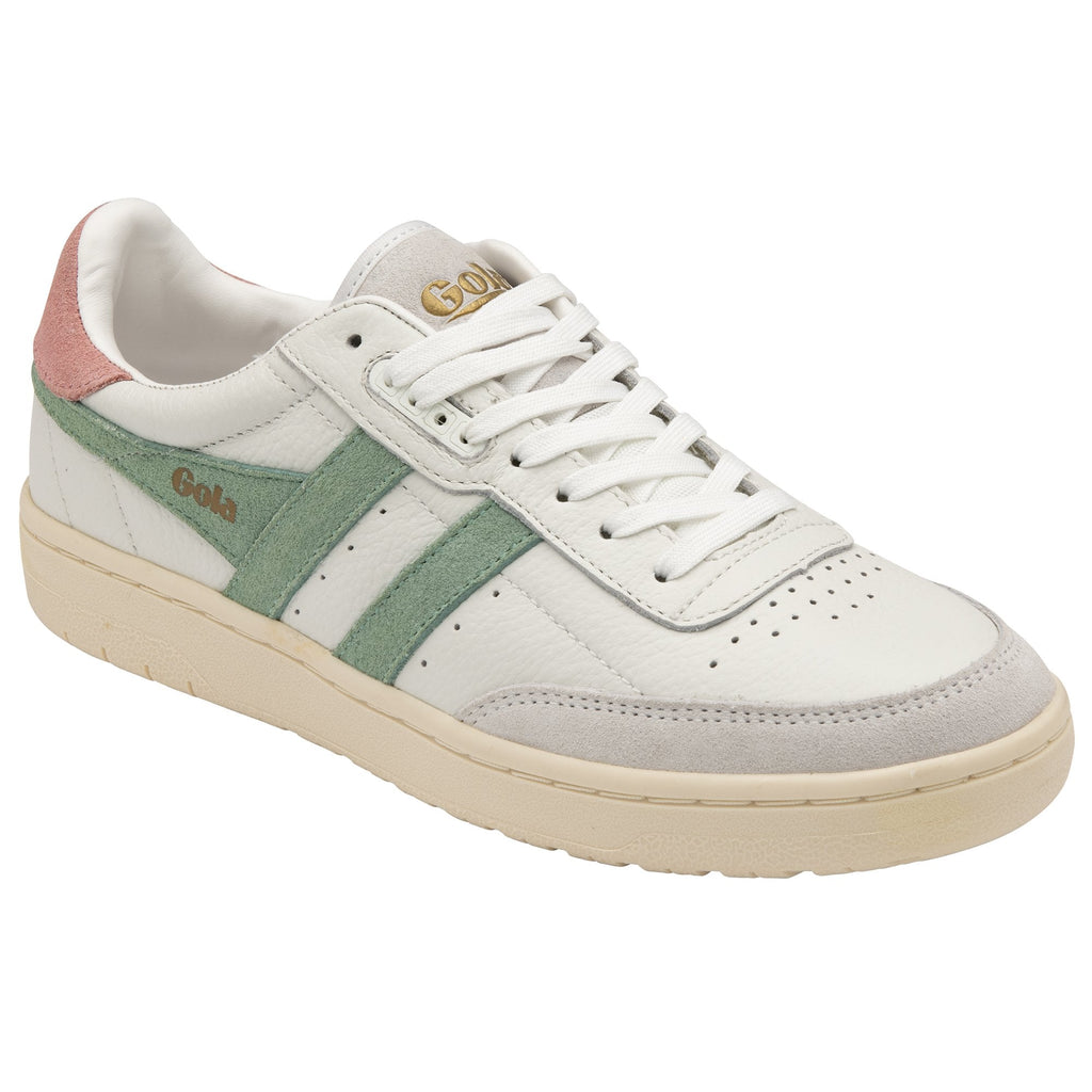 A left white sneaker with green stripes and a pink heel patch.