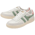 A pair of white sneakers with green stripes and pink heel patches.