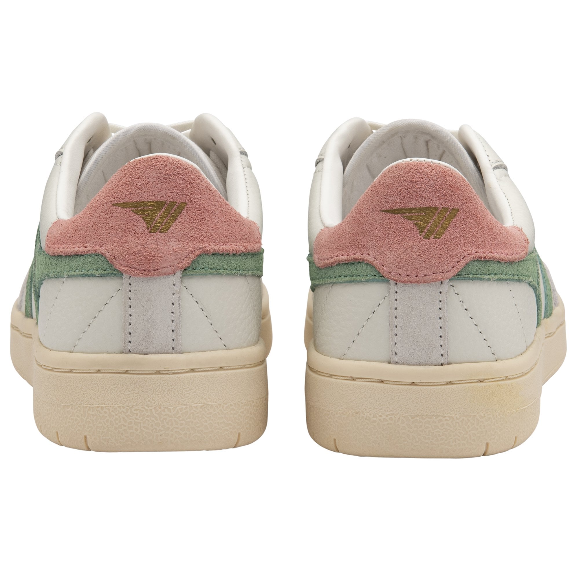 Rear view of a pair of white sneakers with pink heels.
