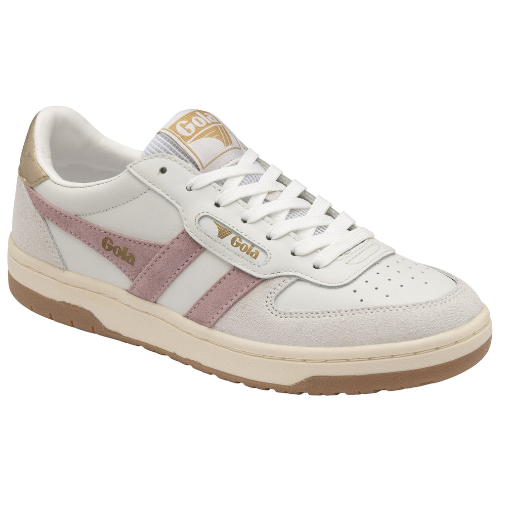 A single white trainer with pink stripes and a gold heel tab is shown at an angle.