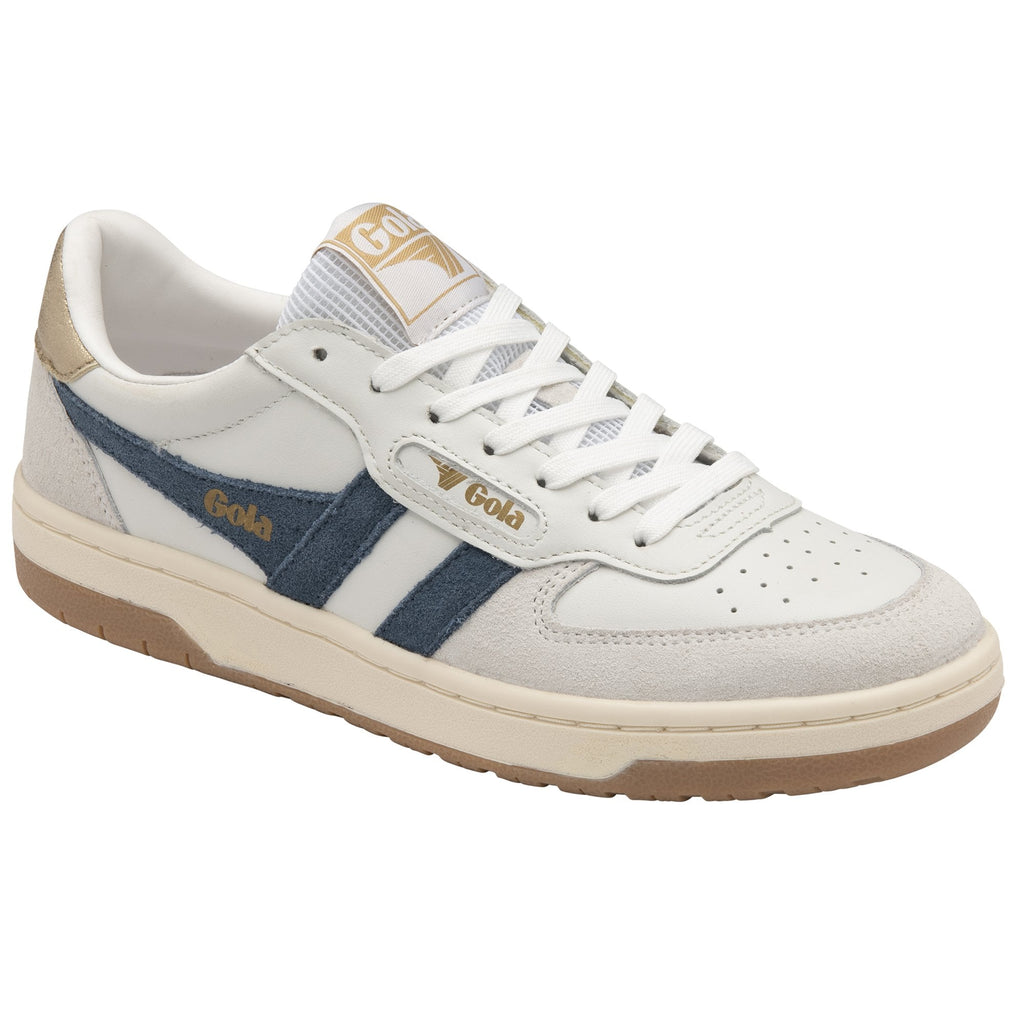 A white and navy Gola sneaker is positioned from a right side angle on a white background.