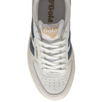 A white and navy Gola sneaker is positioned with the front facing the viewer.
