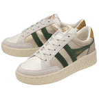 A pair of Gola low-top sneakers in off-white and green, with tan heel accents, viewed from an angle.
