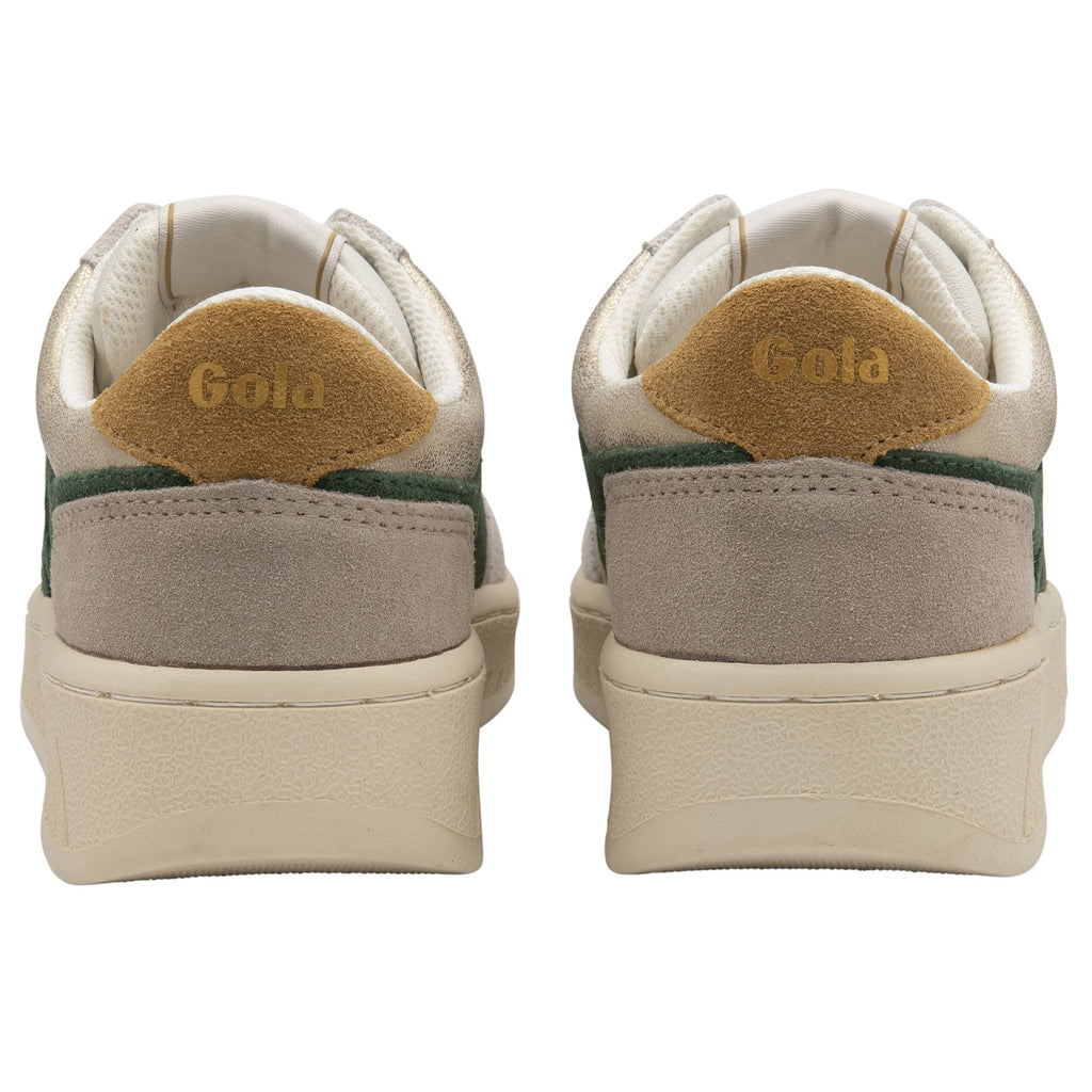 The back view of a pair of Gola low-top sneakers, showing the tan heel accents.