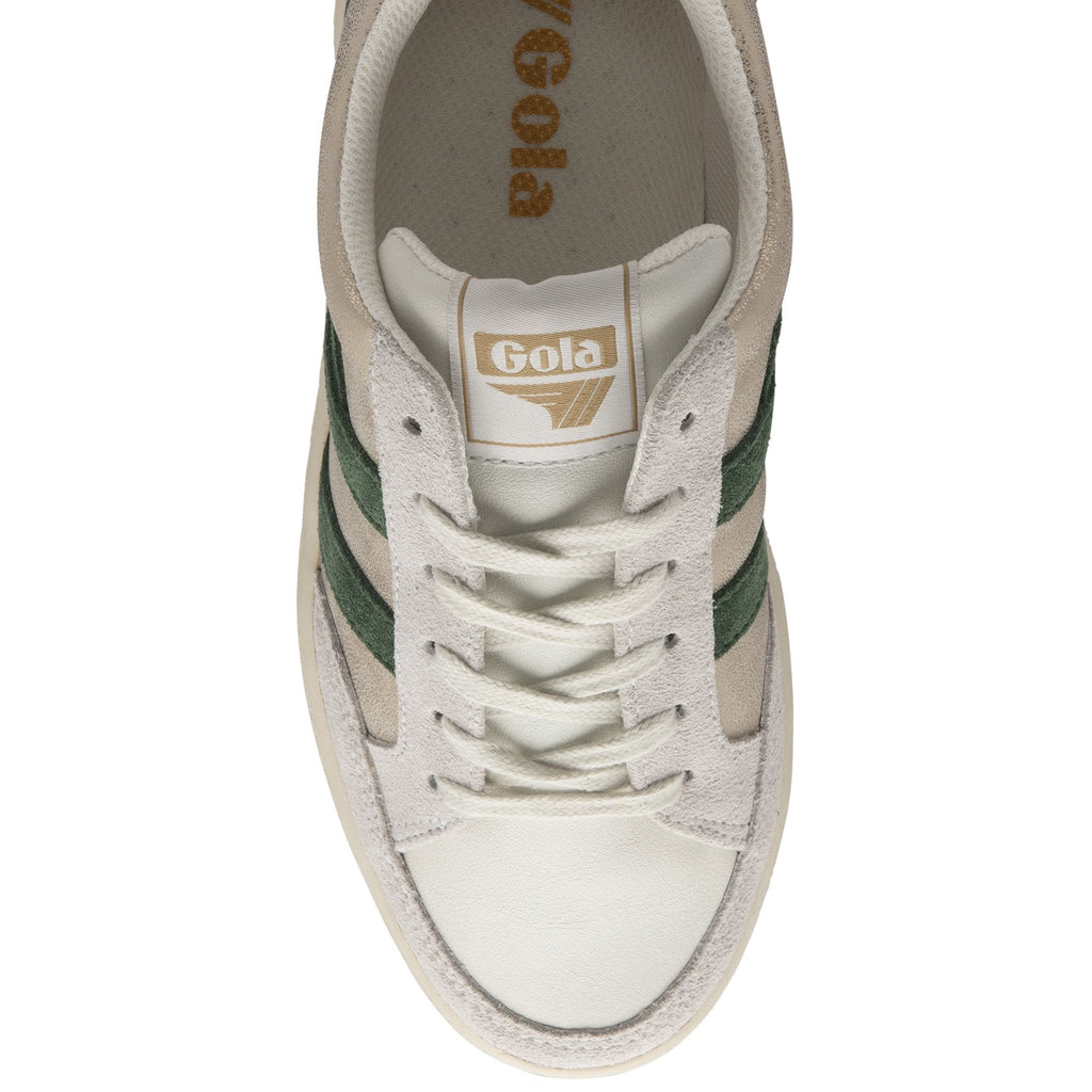 A top-down view of a single Gola low-top sneaker in off-white and green.