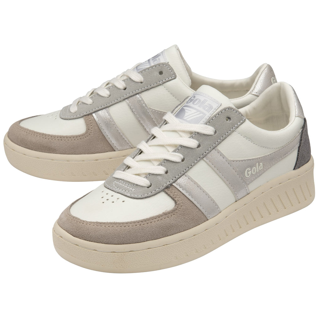 Pair of Gola Women's Daytona sneakers in Off White, Silver, and Ash.