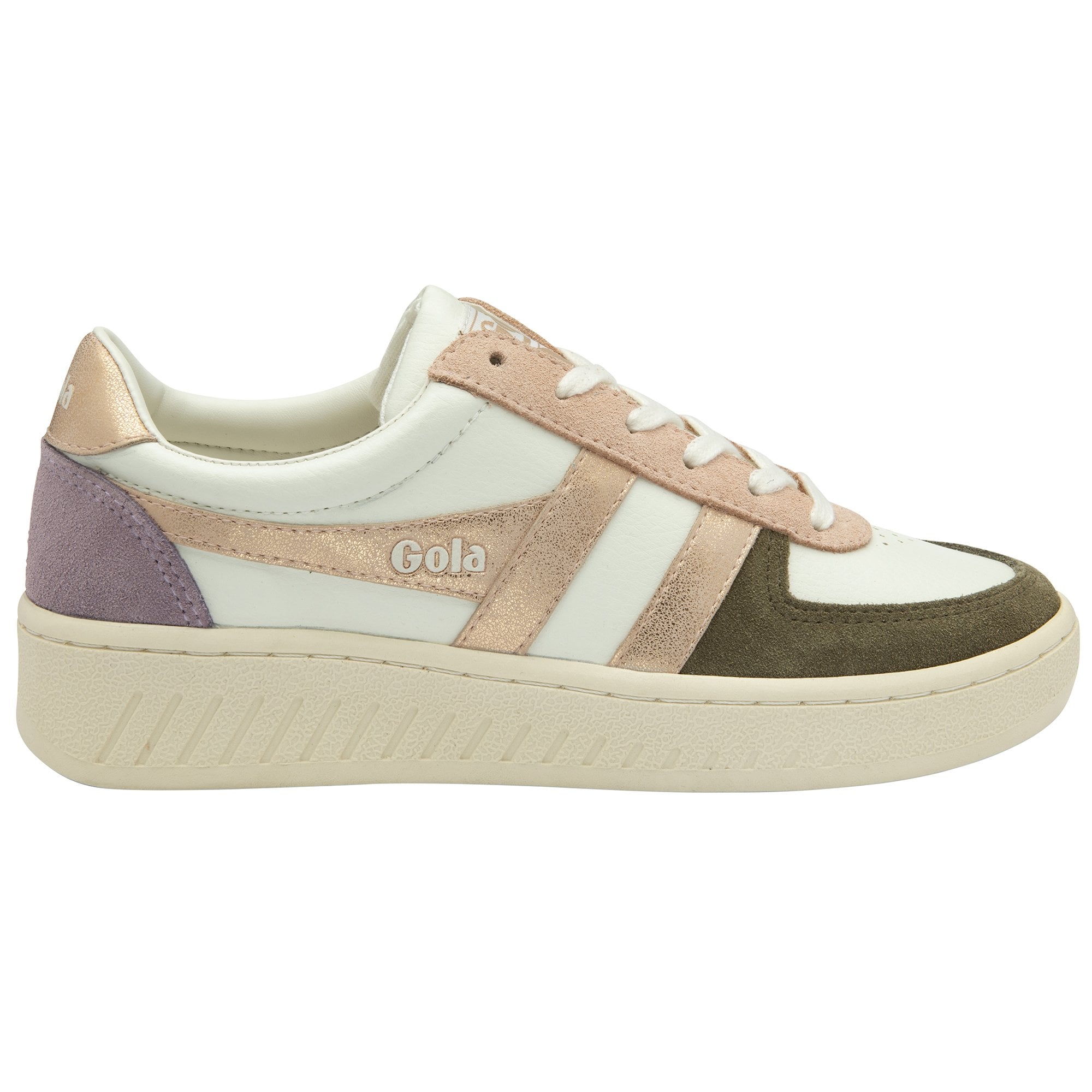 Side profile of the Gola Elan sneakers in white, pink, purple, and green.