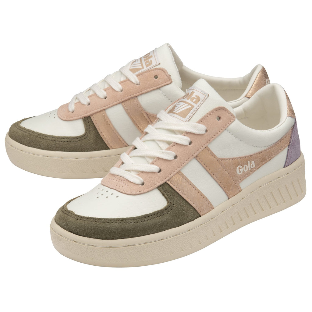 Pair of Gola Elan sneakers, showcasing the white, pink, purple, and green design.