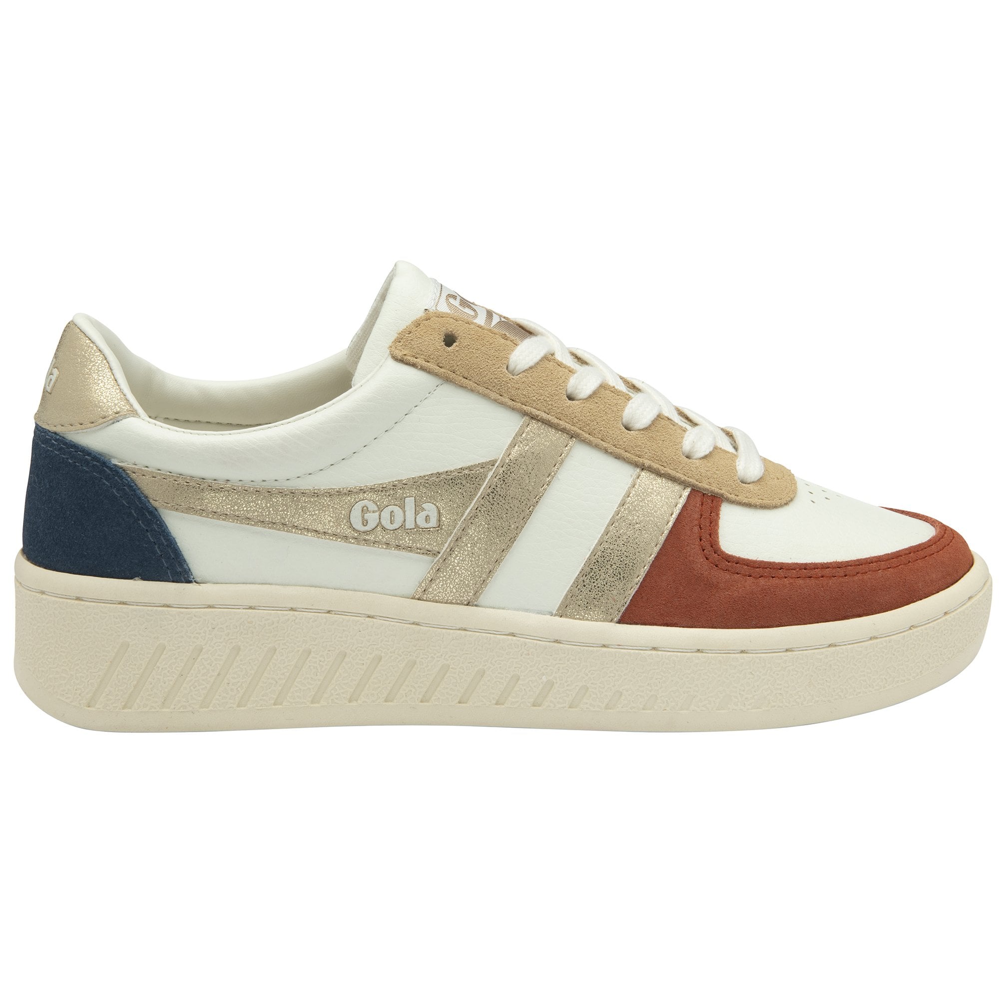 A single Gola women's low-top sneaker, white with gold, tan, rust, and navy accents.