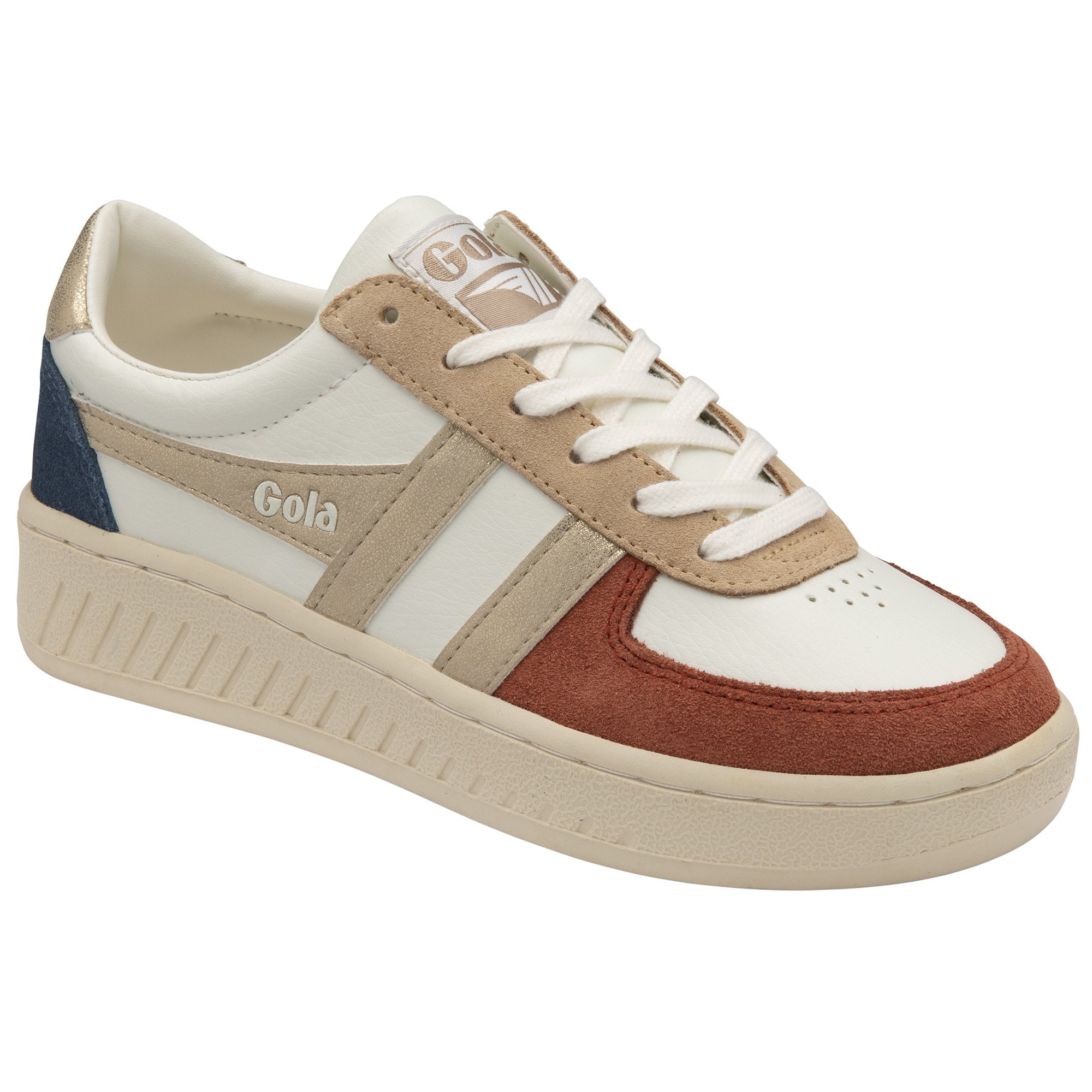 A Gola women's low-top sneaker, white with gold, tan, rust, and navy accents.
