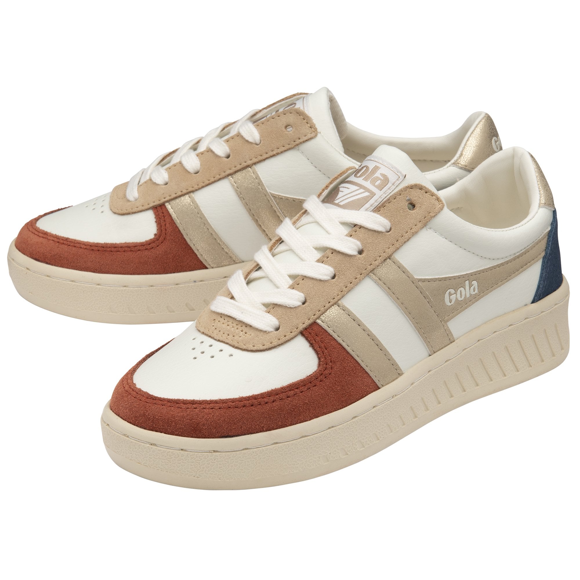 A pair of Gola women's low-top sneakers, white with gold, tan, rust, and navy accents.