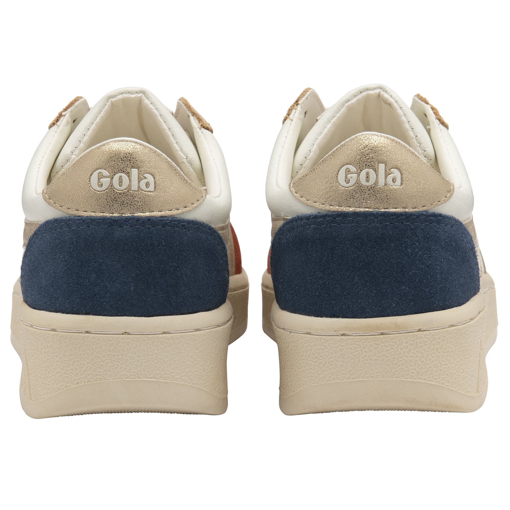 Rear view of a pair of Gola women's sneakers, showing navy blue heels and gold logos.
