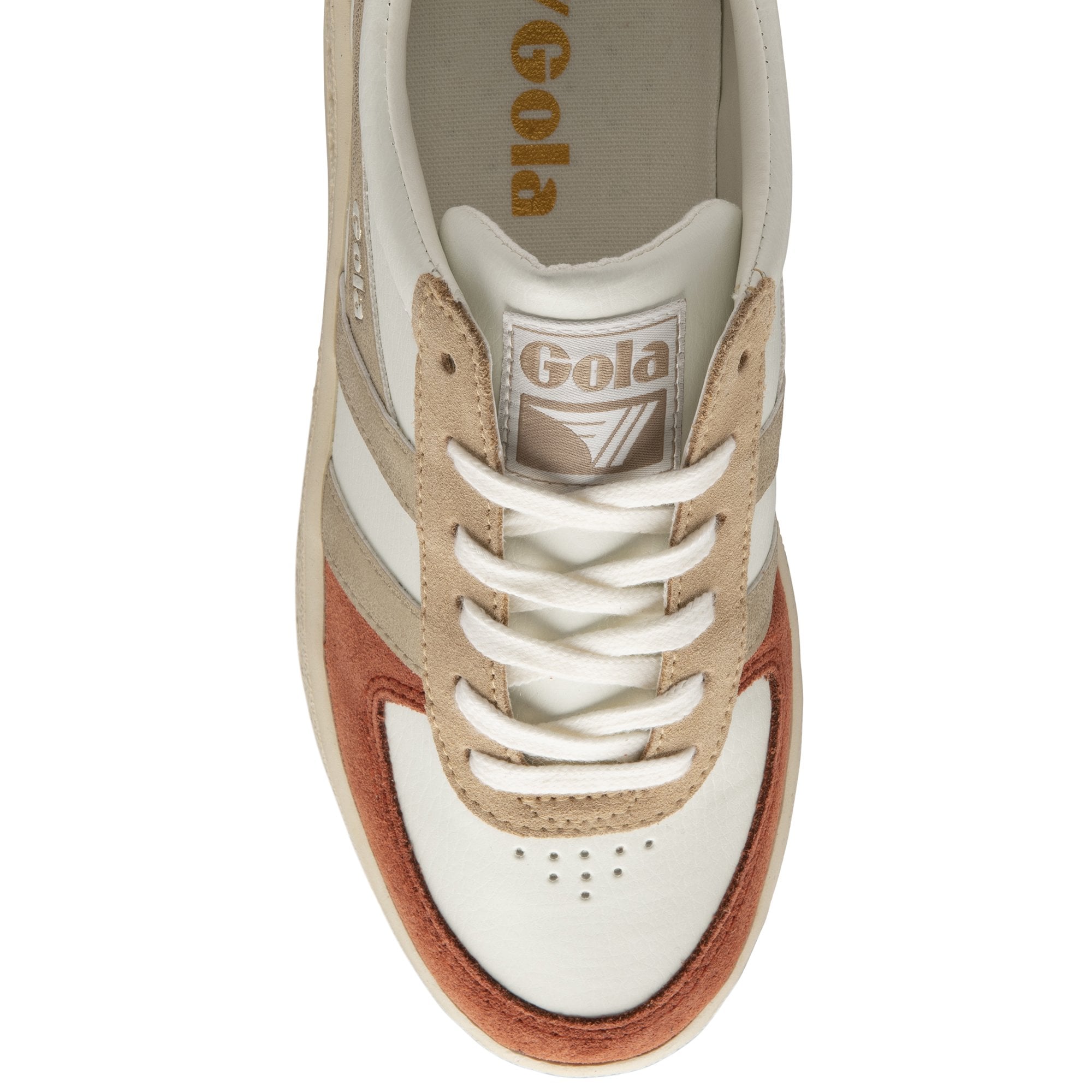 Top-down view of a Gola women's low-top sneaker, white with gold, tan, and rust details.