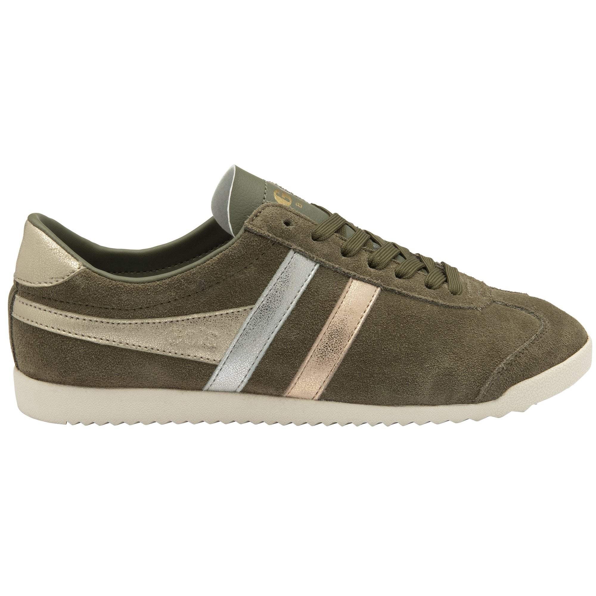 A right olive green Gola Bullett trainer with gold and silver stripes on a white background.