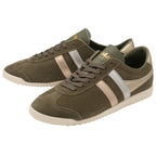 A pair of olive green Gola Bullett trainers with gold and silver stripes on a white background.