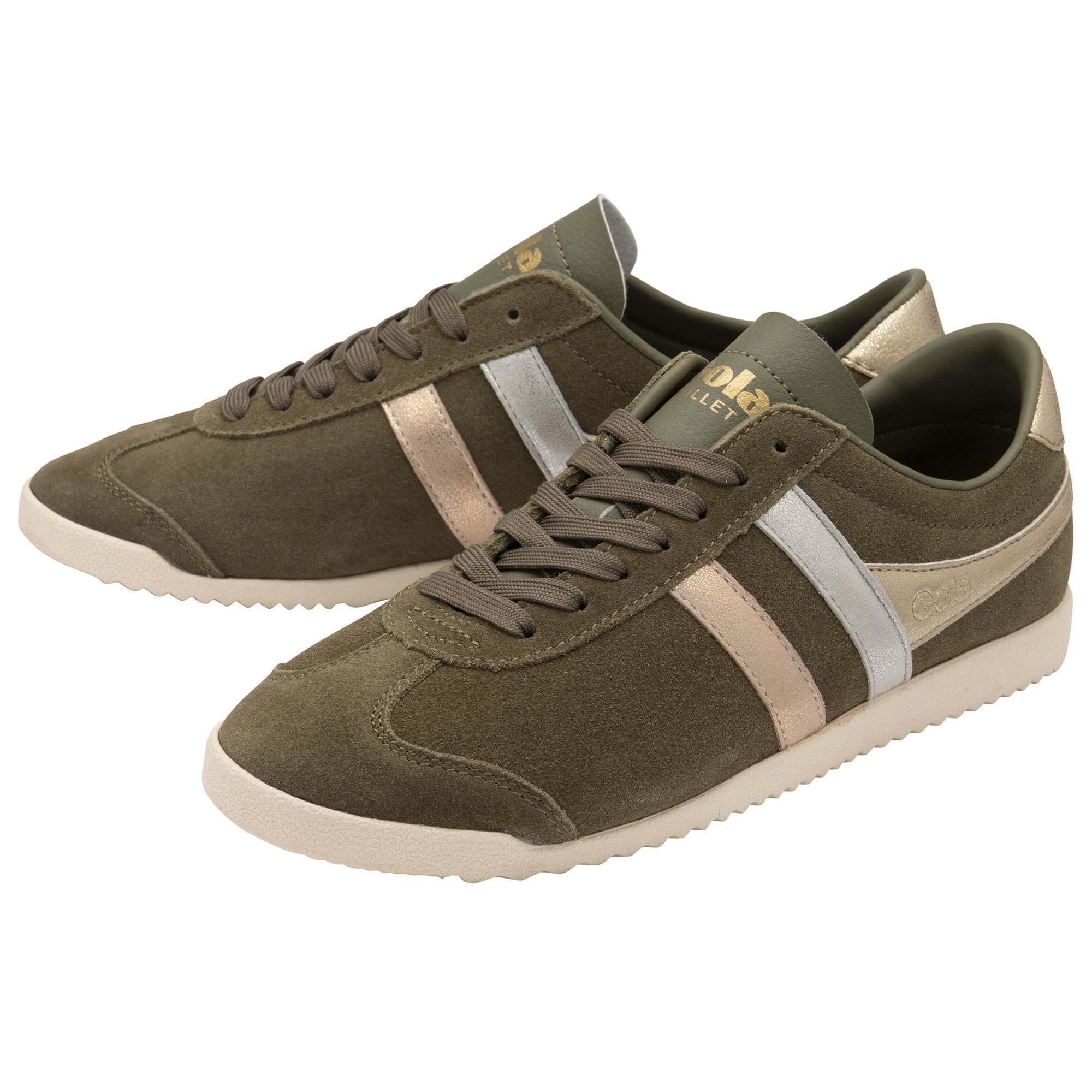 A pair of olive green Gola Bullett trainers with gold and silver stripes on a white background.