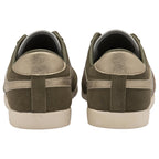 A back view of olive green Gola Bullett trainers with gold stripes on a white background.