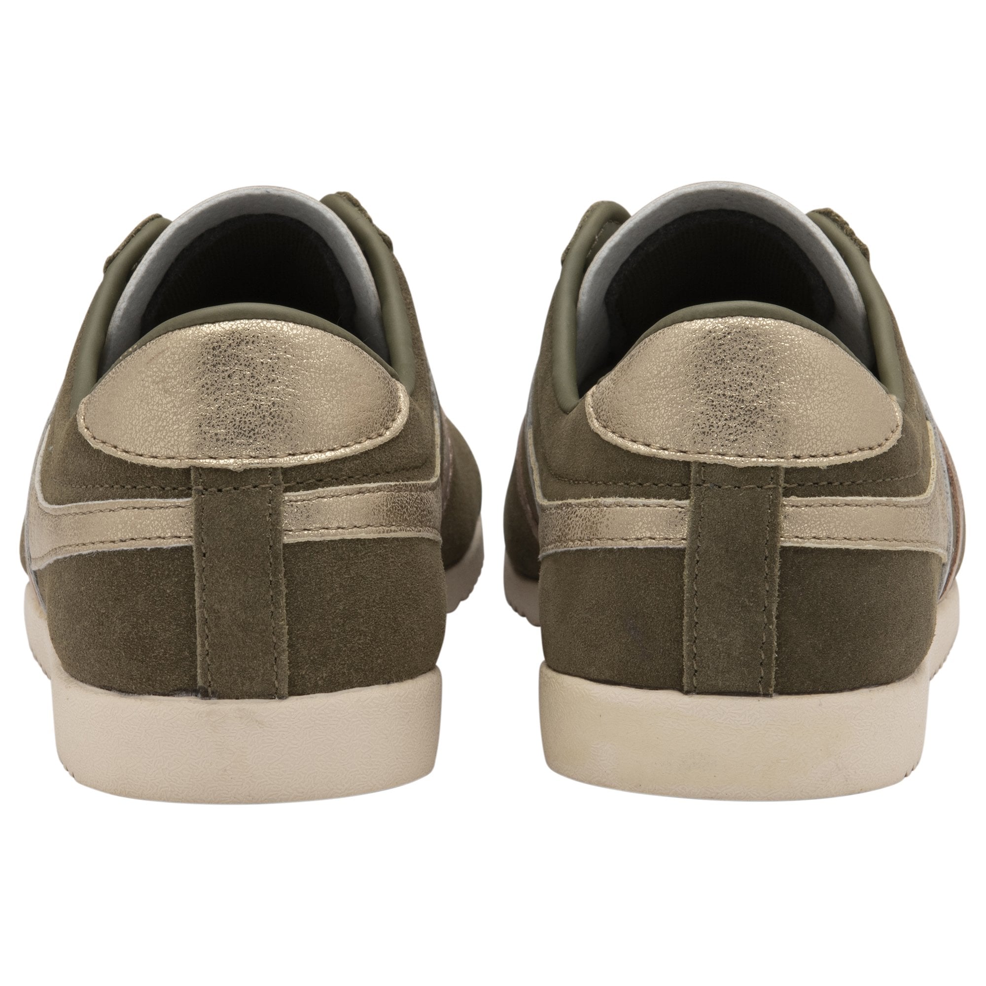 A back view of olive green Gola Bullett trainers with gold stripes on a white background.
