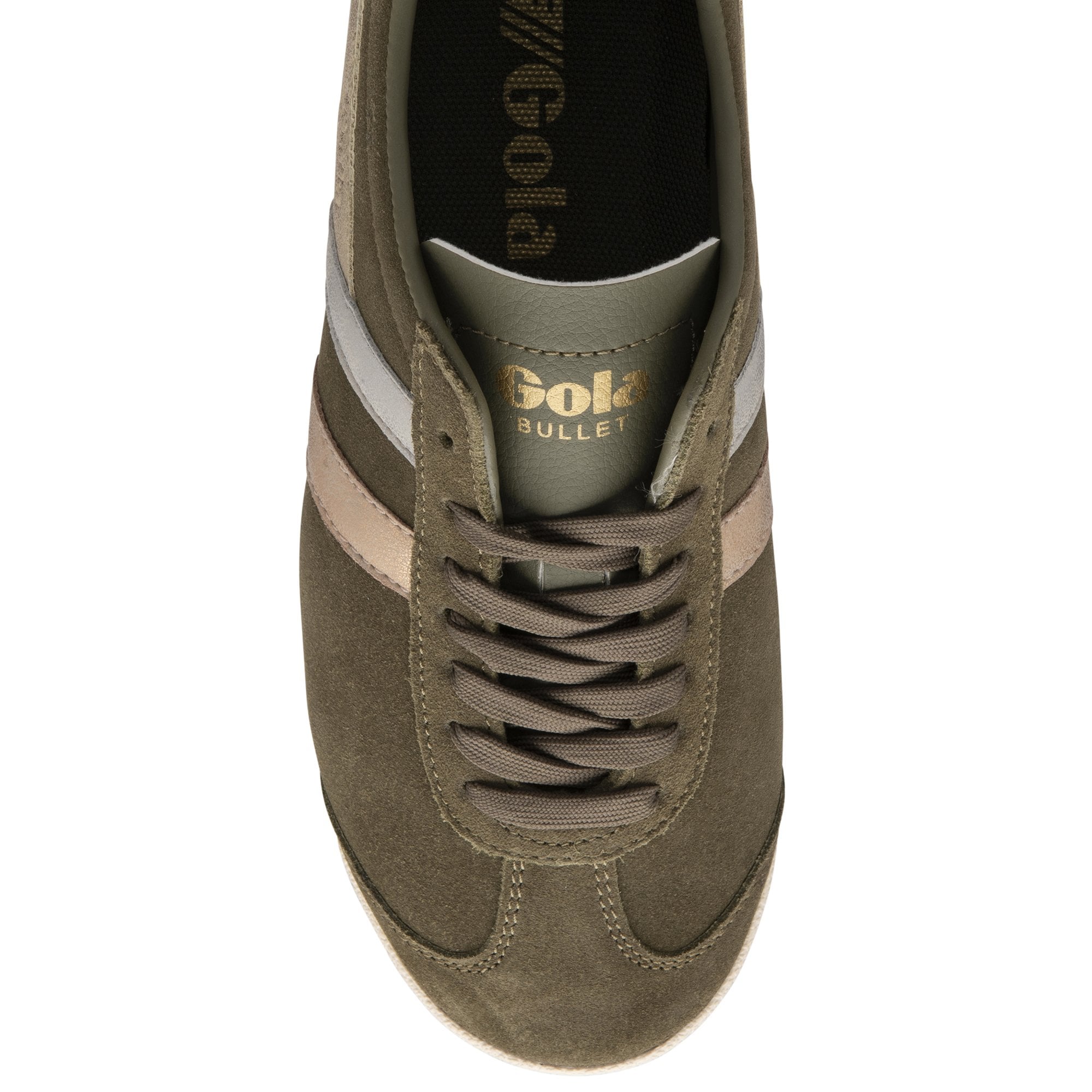 A top view of the olive green Gola Bullett trainer with gold and silver stripes.