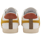 The back view of a pair of white Gola Bullet sneakers with brown heel accents.