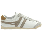 A white Gola Bullet sneaker with tan stripes and heel accent, viewed from the side.