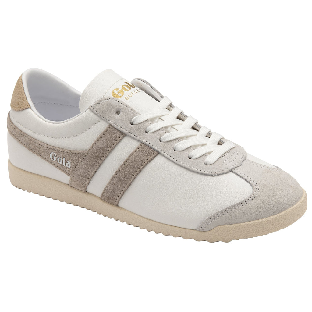 A single white Gola Bullet sneaker with tan stripes, viewed from an angle.