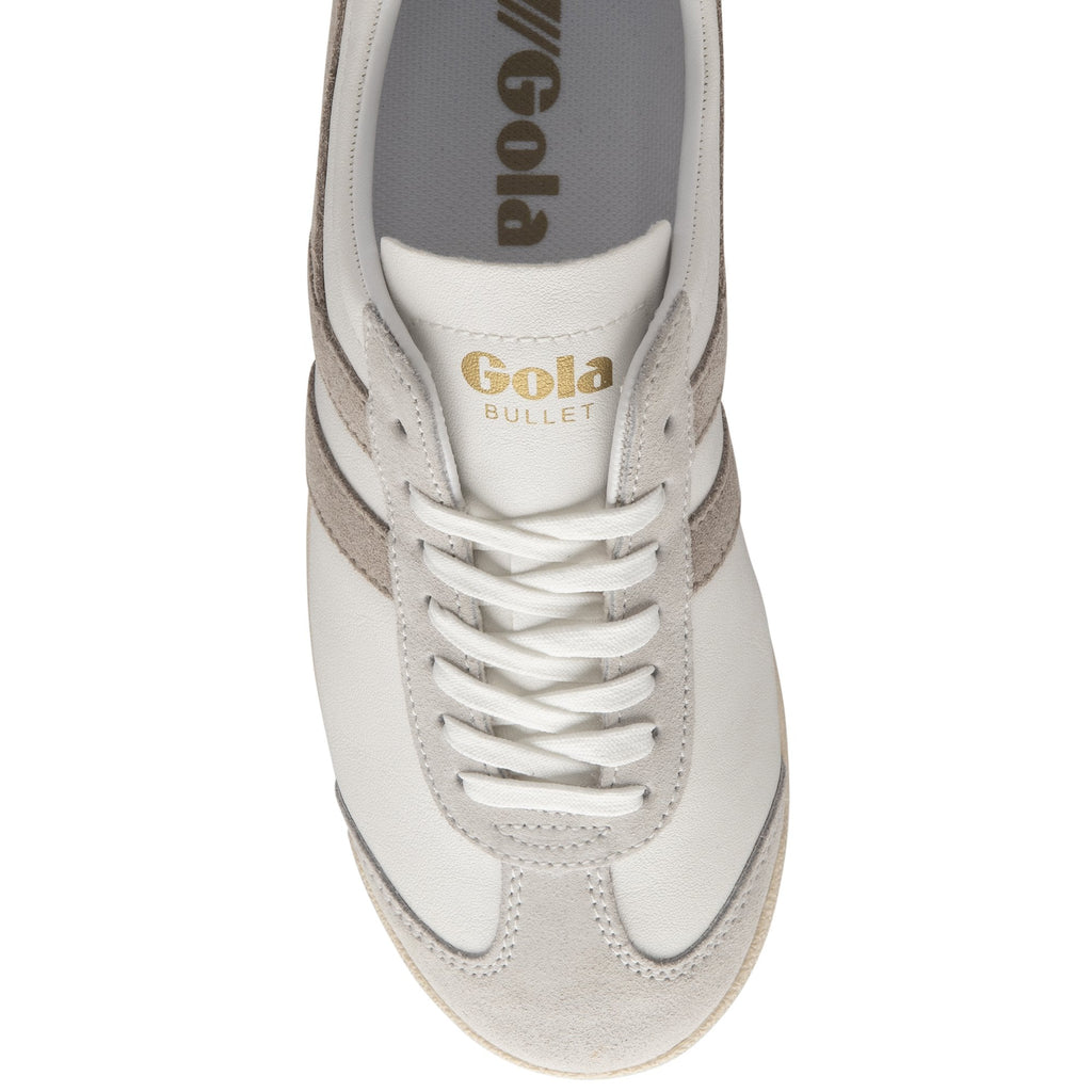 An overhead view of a white Gola Bullet sneaker, showing laces and branding.
