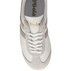 An overhead view of a white Gola Bullet sneaker, showing laces and branding.