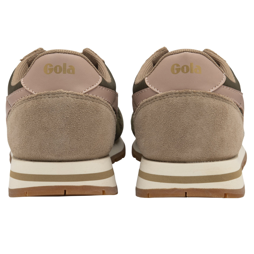 The back view of a pair of Gola women's Orchid platform sneakers in khaki and dusty rose.