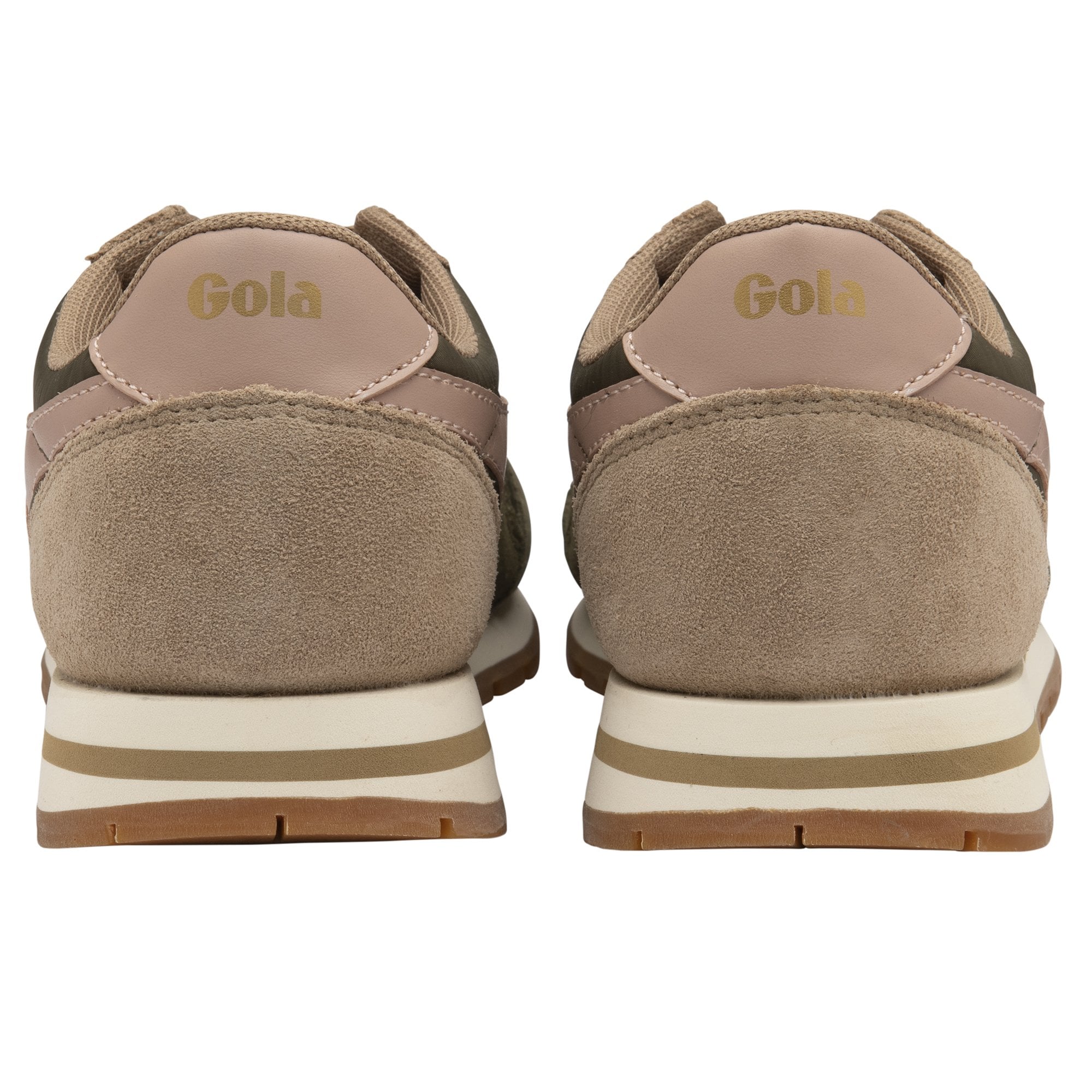 The back view of a pair of Gola women's Orchid platform sneakers in khaki and dusty rose.