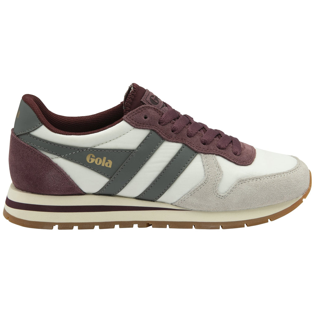 A right Gola white, grey and burgundy trainer on a white background.