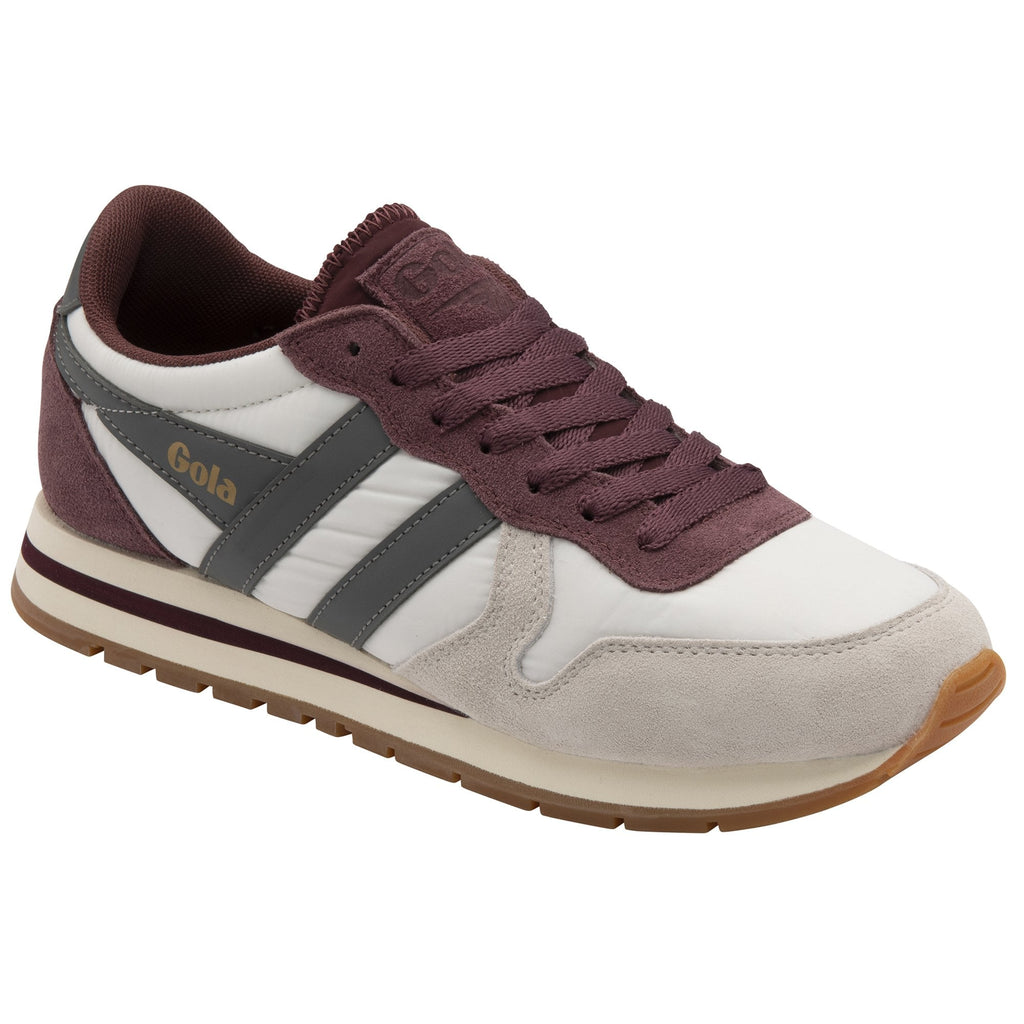 A left Gola white, grey and burgundy trainer on a white background.