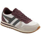 A left Gola white, grey and burgundy trainer on a white background.