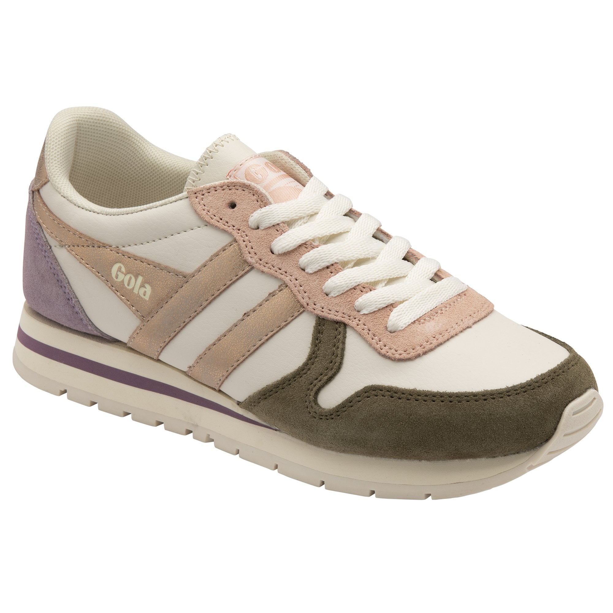 Left side view of a Gola women's trainer, featuring white, gold, lavender, and olive hues.