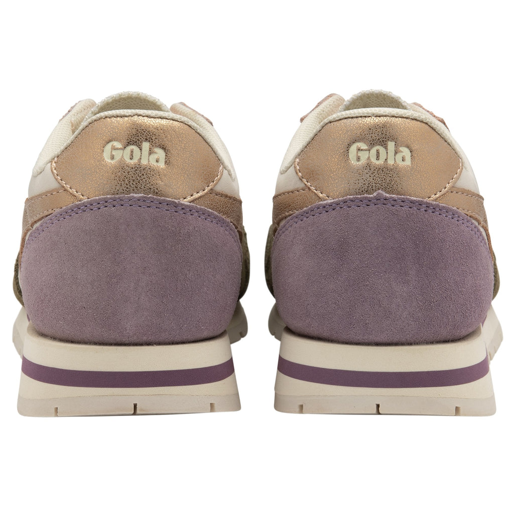 Rear view of two Gola women's trainers, highlighting the lavender and gold accents.