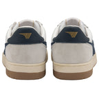 Rear view of a pair of white Gola sneakers with navy blue accents. 