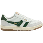 A right white and green Gola sneaker with a beige sole from the side.