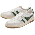 A pair of white and green Gola sneakers with beige soles.